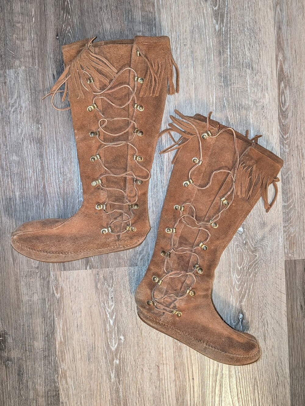 Vintage Brown Leather Fringe Moccasin Boots